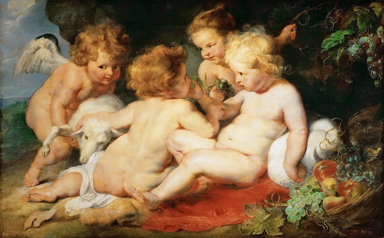 Il Bambino Gesù con il Bambino San Giovanni Battista e gli angeli - Fogg Art Museum, Cambridge, dettagli con figure di Rubens